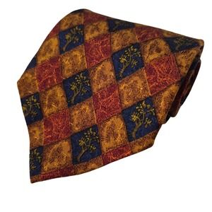 Ermenegildo Zegna Tie Mens Blue Gold Diamond Pattern with Trees Silk Italy